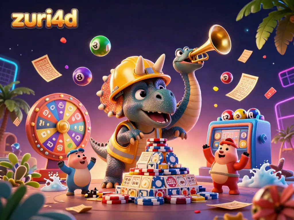 Zuri4d menampilkan triceratops membangun tumpukan chip poker di kasino, penuh warna dan energik.