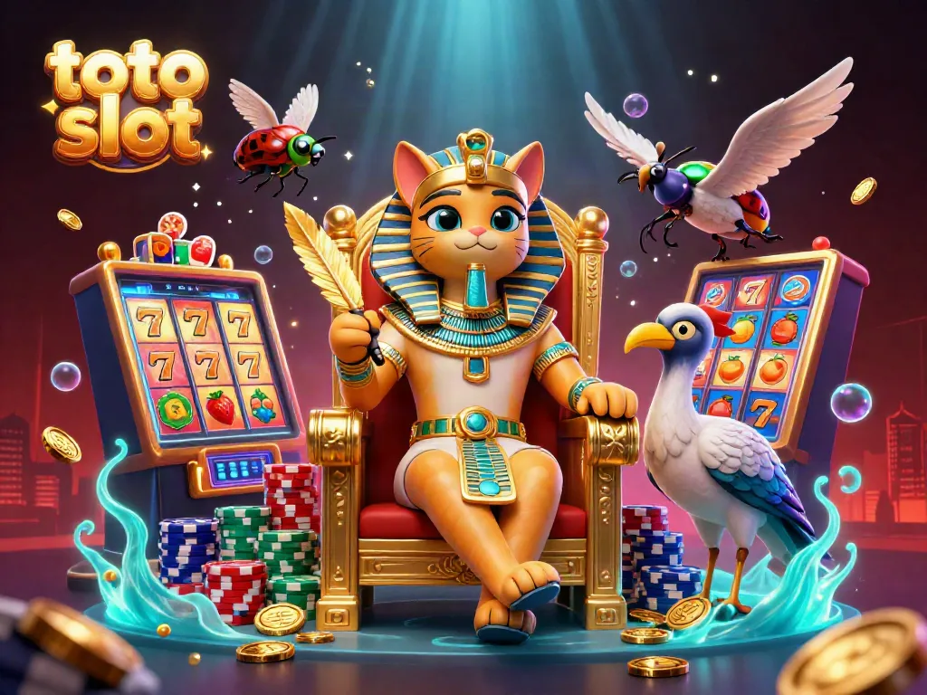 Experience the thrill of toto slot with vibrant slot machine reels and the royal pharaoh cat.