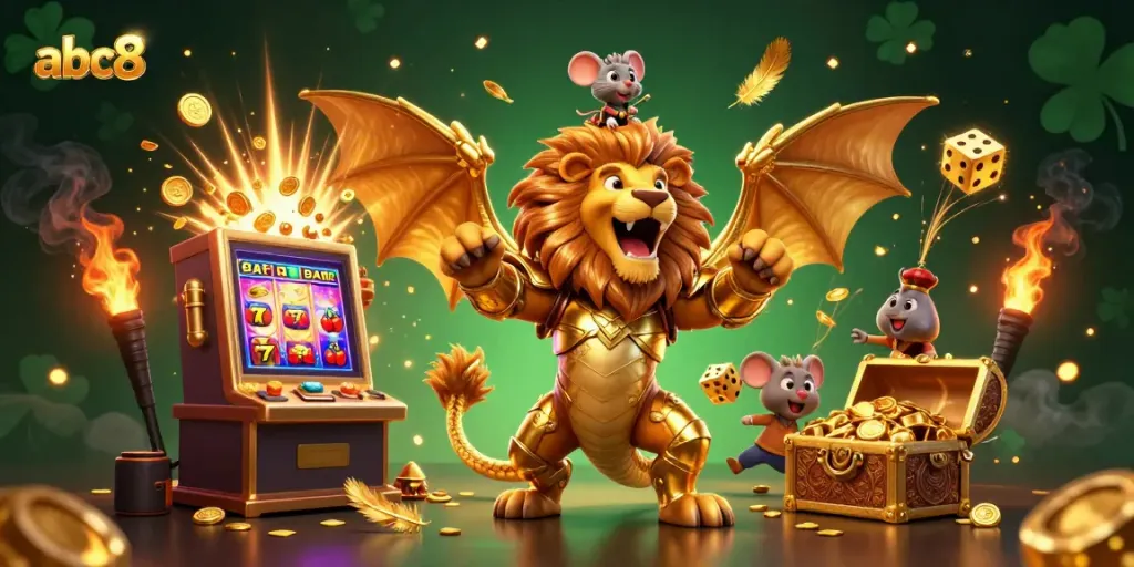 Experience the thrilling world of abc8 slots with colorful symbols and a golden chimera protecting your winnings.