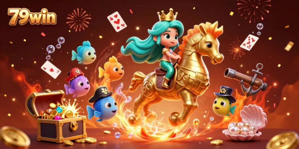 Engage with the captivating 79win casino scene featuring a vibrant mermaid princess and seahorse amidst underwater treasures and festive elements.