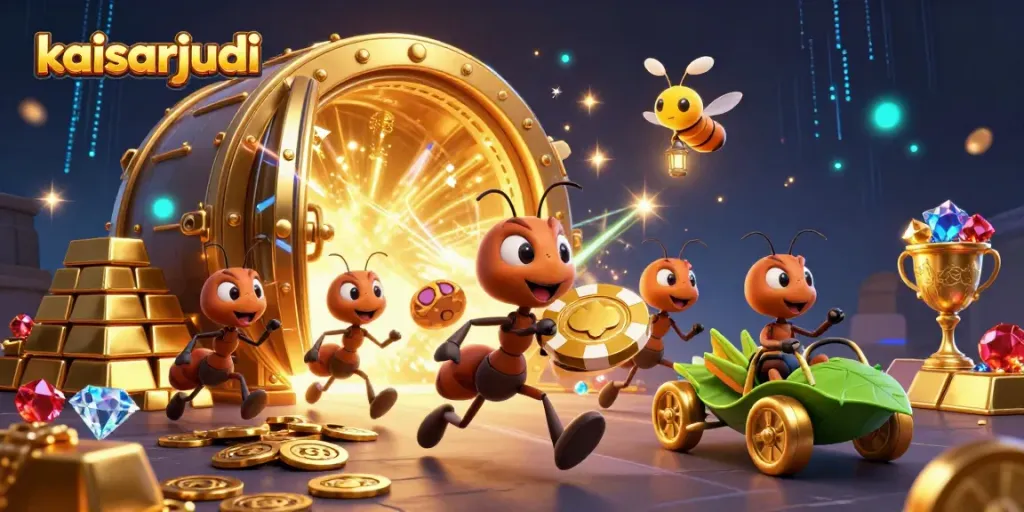 Kaisarjudi ants heist scene with poker chip, dazzling gold treasures and vibrant effects