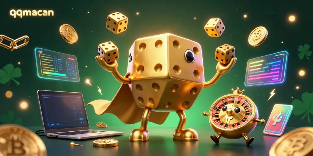 Watch the lively qqmacan scene with the golden dice golem and crypto elements in action.
