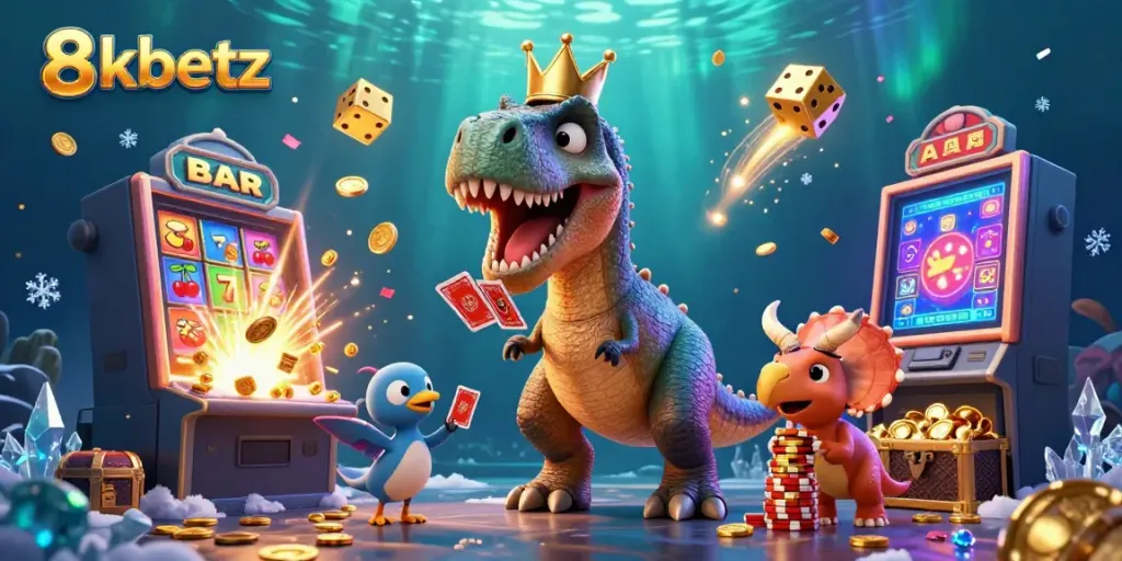 Engage with 8xbetz adventures in a vibrant casino scene with cartoon characters and gold treasures.