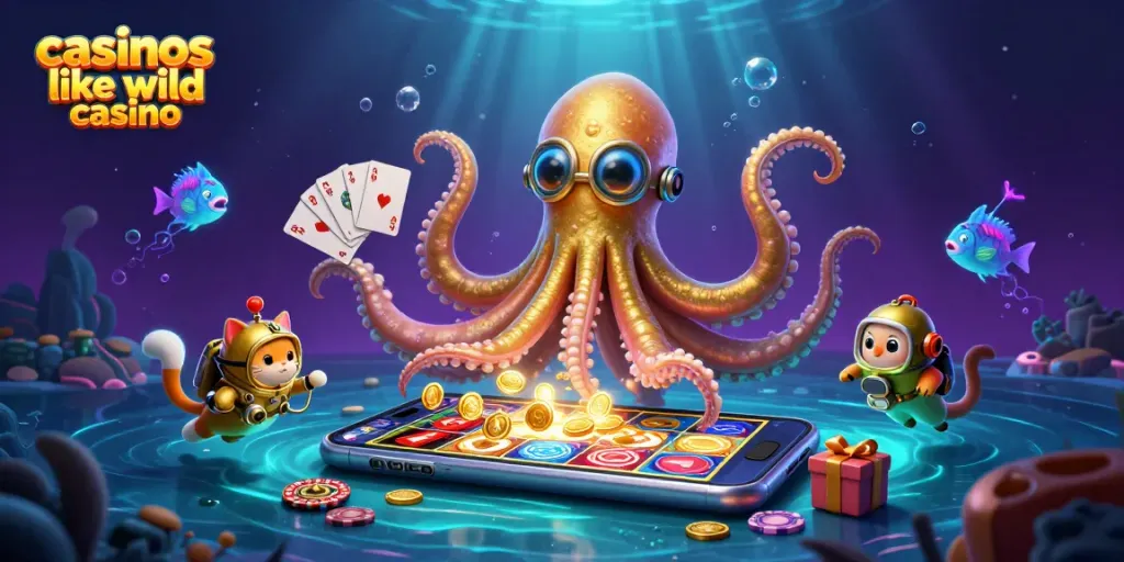 Experience the thrill of casinos like wild casino with a vibrant underwater scene featuring a kraken and a diving cat.