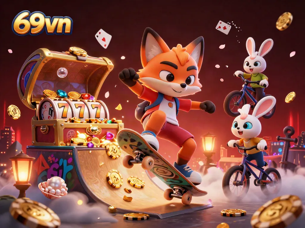 Experience thrilling casino action with 69vn in this vibrant digital illustration featuring animated characters.