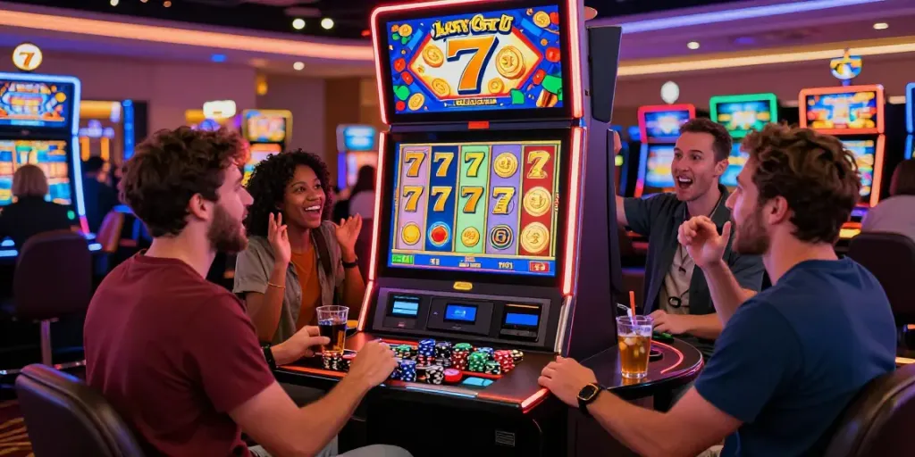 Exciting scene of diverse players engaging with the Lucky777 slot machine in a vibrant casino atmosphere.
