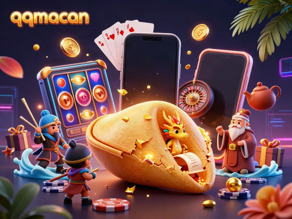Engage with qqmacan's epic gaming scene featuring a golden fortune cookie, dragon, and vibrant casino elements.