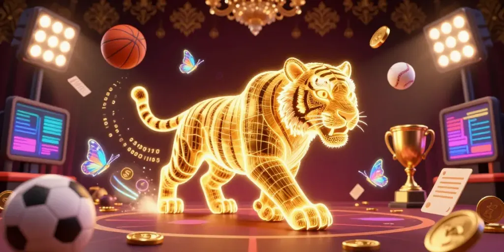 Experience the vibrant energy of Trang chủ xoilac through a dynamic 3D illustration of a golden tiger in a digital casino.