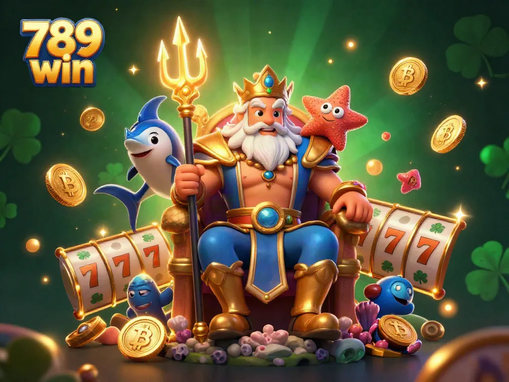 Experience the thrill of 789 win with Neptune and friends amidst slot reels and glowing crypto coins.