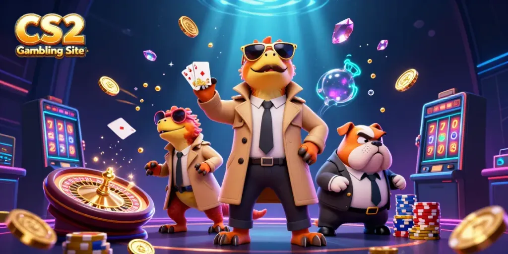 Experience thrilling action at a CS2 Gambling Site with raptors in a trench coat and dynamic casino elements.