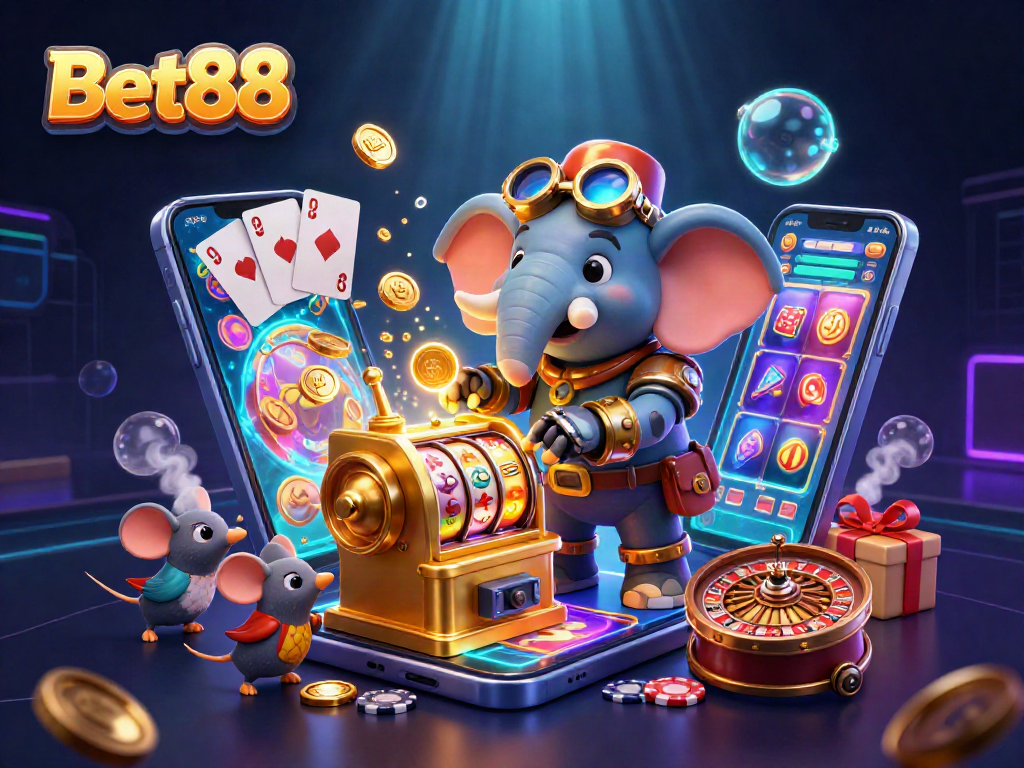 Bet88 offers an engaging game scene with an elephant engineer operating a slot machine.