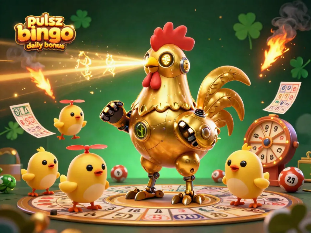 Engage with the pulsz bingo daily bonus in a dynamic illustration showcasing golden rooster robot and bingo elements.