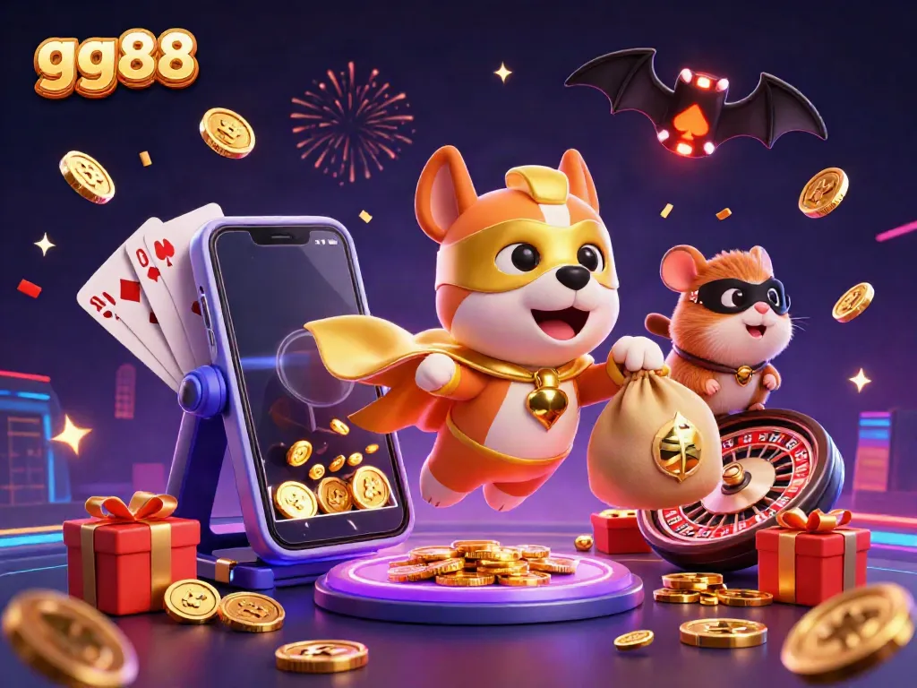 gg88's superhero dog and hamster fly through a vibrant 3D casino world filled with coins and games.