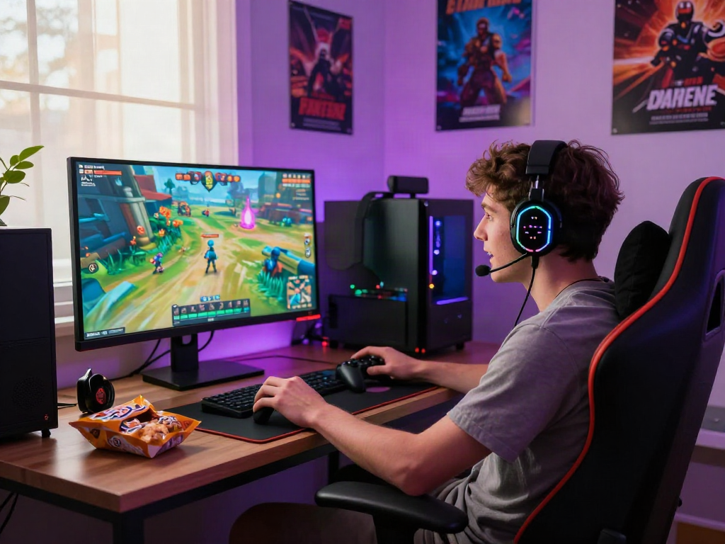 Player enjoying porngames in a colorful gaming setup with vibrant graphics and ambient lighting