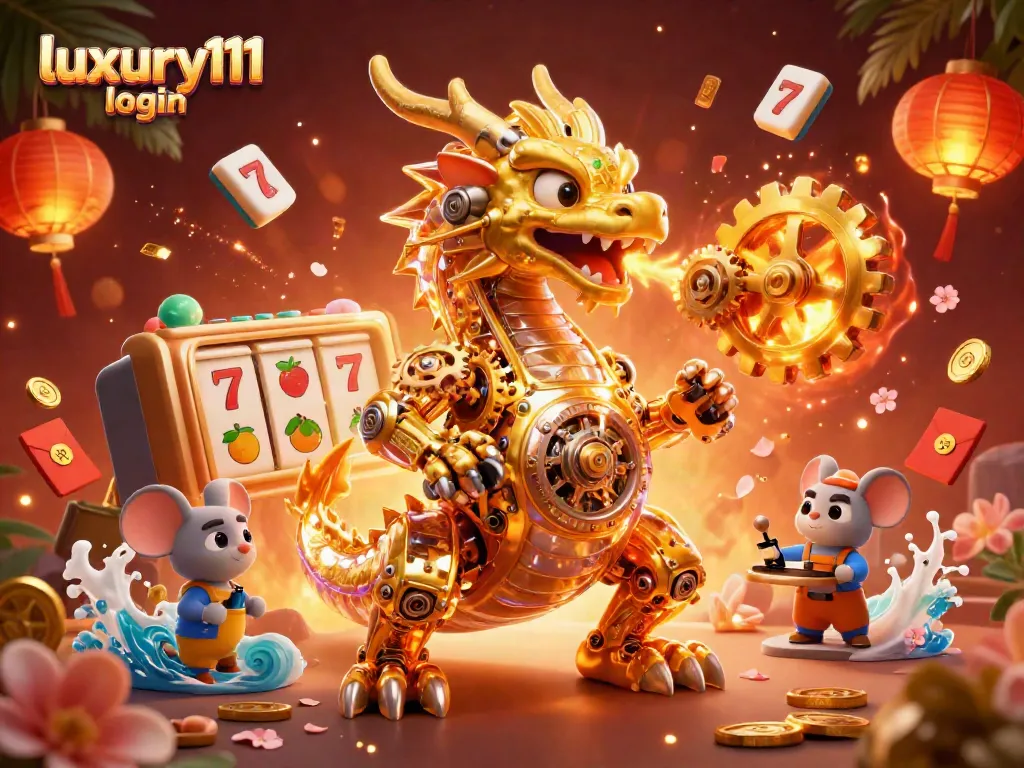 Engage with luxury111 login through a dynamic casino scene featuring a golden dragon and vibrant gaming elements.
