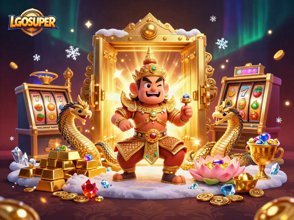 Spin the slots with LGOSUPER at a vibrant and thrilling casino scene featuring golden treasures and dynamic elements.