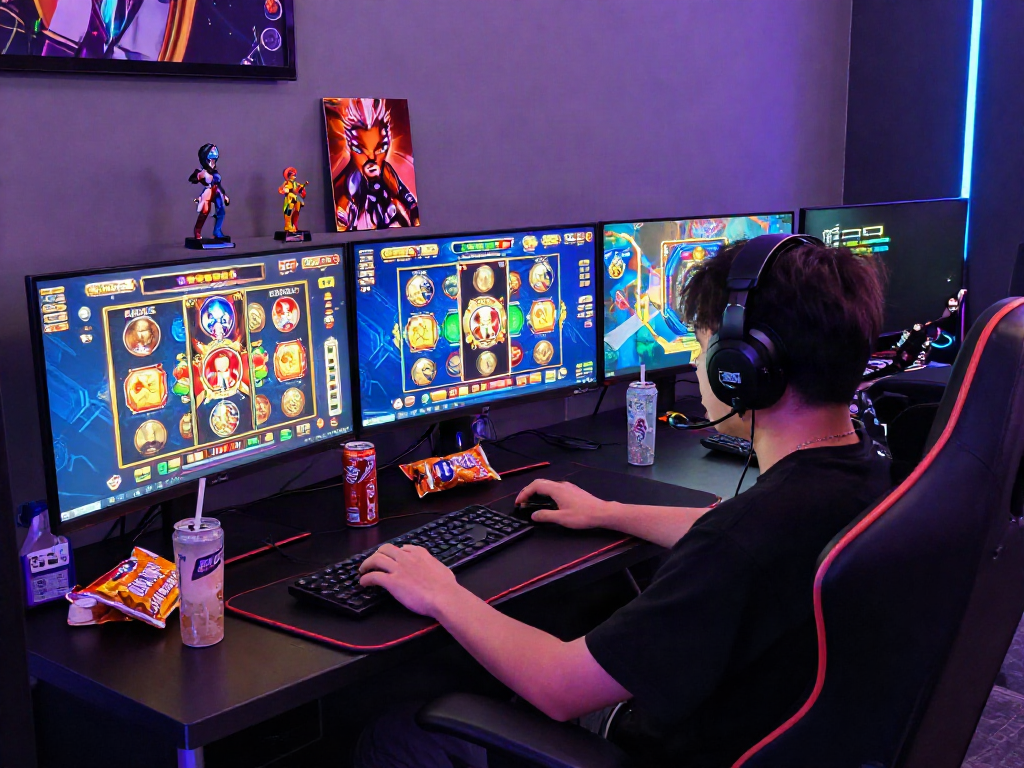Gamer engaged in slot depo 5k action with vibrant gaming setup and immersive atmosphere.