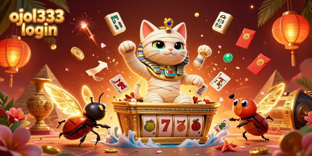 Engage with exciting gameplay in the vibrant ojol333 login scene featuring an Egyptian mummy cat and casino excitement.