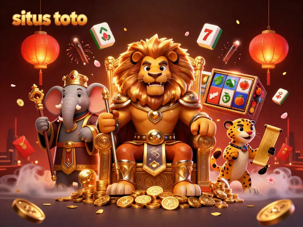 Experience high stakes action at situs toto with a grand lion king amidst spinning slot reels and vibrant colors.