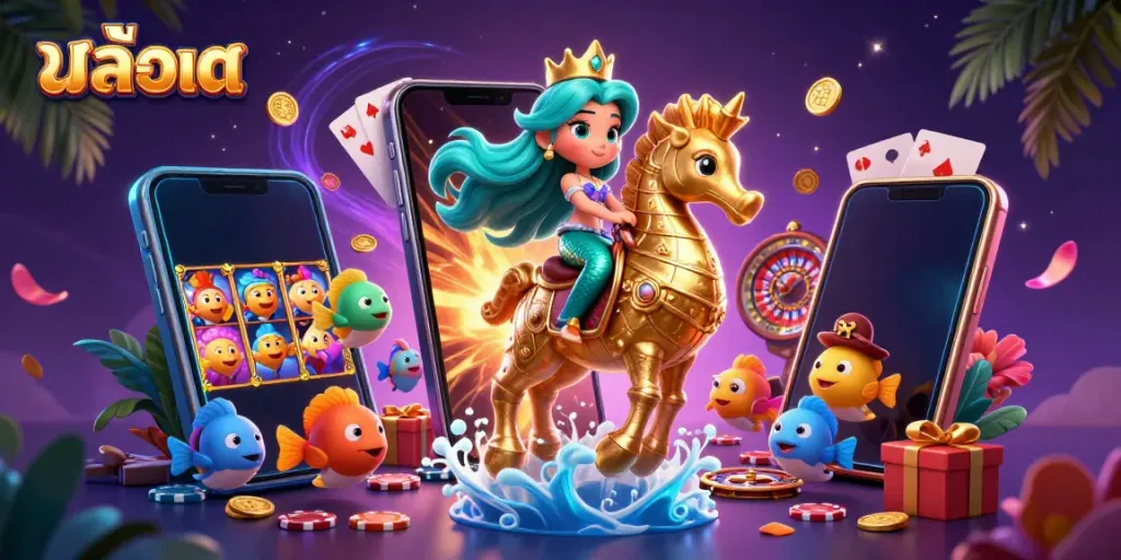 Experience exciting สล็อต adventures with a vibrant 3D mermaid scene full of colorful game elements and characters.