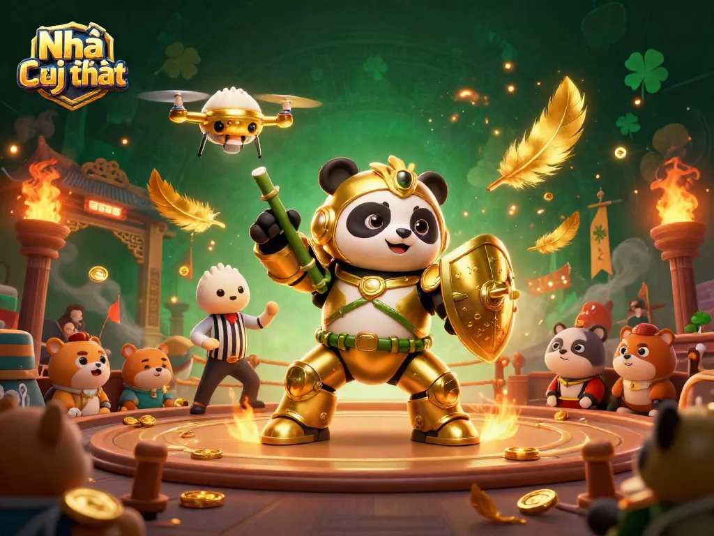 Engage with Nhà cái uy tín as a golden panda battles in a lively casino-themed arena.