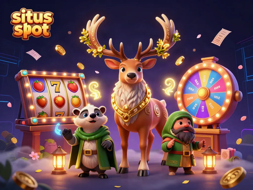 Ilustrasi 3D situs slot yang menggambarkan karakter magis dengan roda slot berwarna-warni dan simbol keberuntungan.