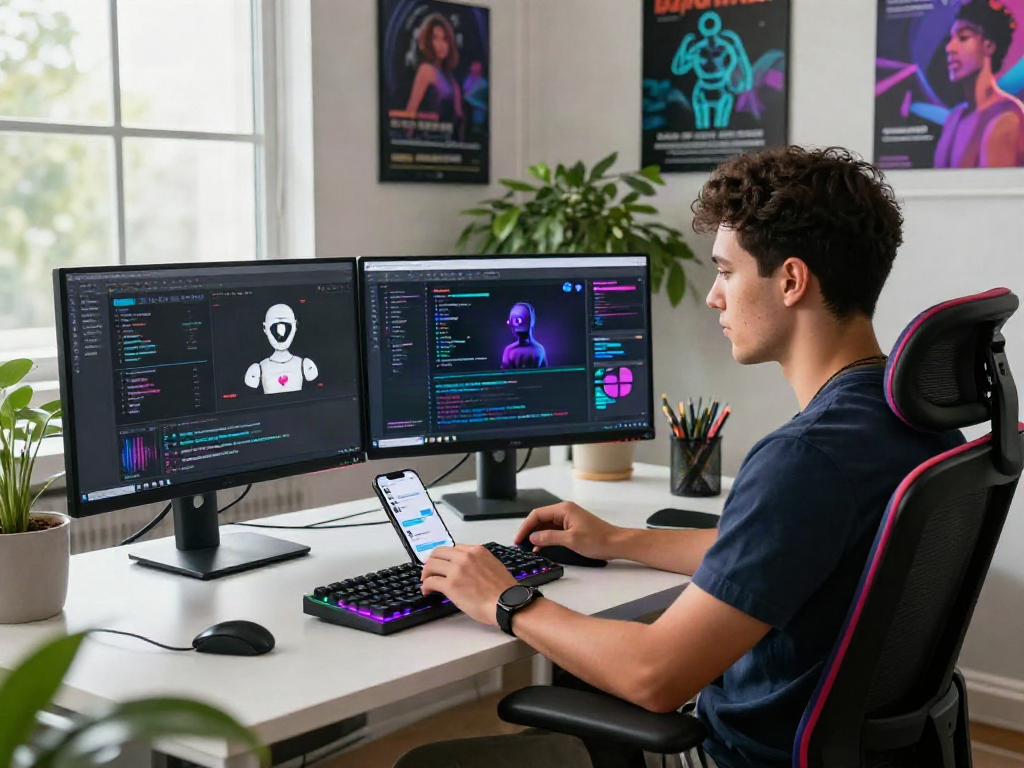 Developer using a sex bot application in a vibrant tech office, coding and interacting with AI.