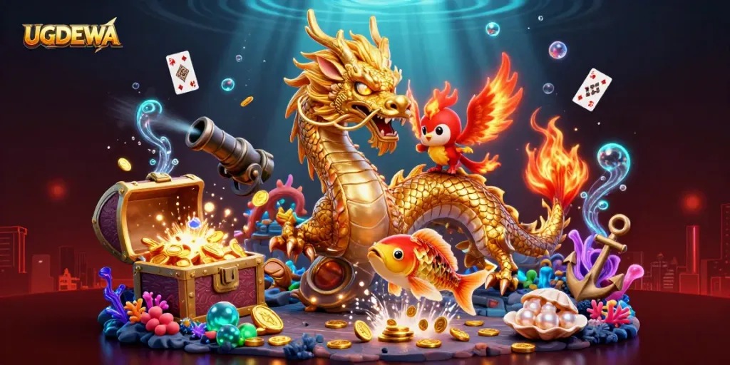 Engage with the vibrant UGDEWA scene of a dragon, phoenix, and koi fish amidst dynamic casino elements.