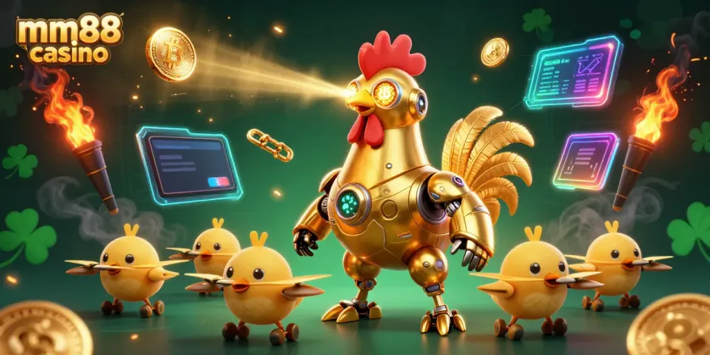 Engage with various casino games at mm88 casino featuring a golden rooster robot illustration.