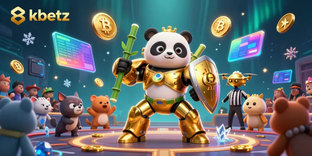 Experience fun gaming action at 8xbetz with a vibrant panda robot battling amidst crypto symbols.