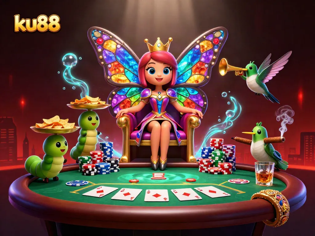 Engage in thrilling poker at ku88 with colorful chips and a royal butterfly queen.