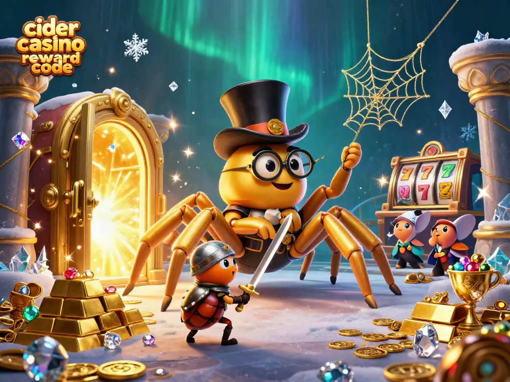 Engage with the exciting cider casino reward code scene showcasing a giant tarantula and beetle knight amid golden treasures.