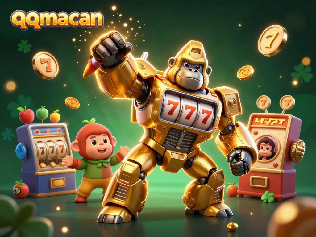 Spin the reels with qqmacan's golden gorilla mech in an exciting casino scene.