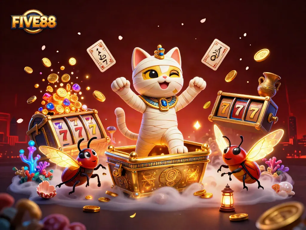 Experience the excitement of FIVE88 with the Egyptian mummy cat winning jackpot rewards in a vibrant casino.