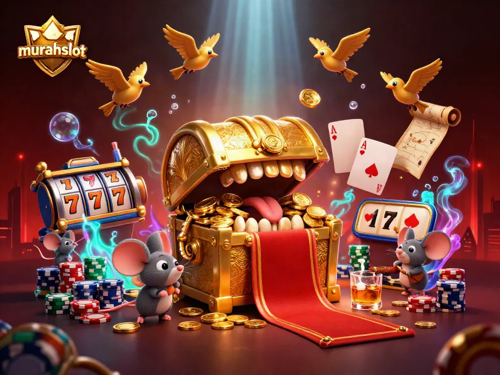 Menangkan jackpot di murahslot dengan ilustrasi ceria penuh warna dan detail slot.