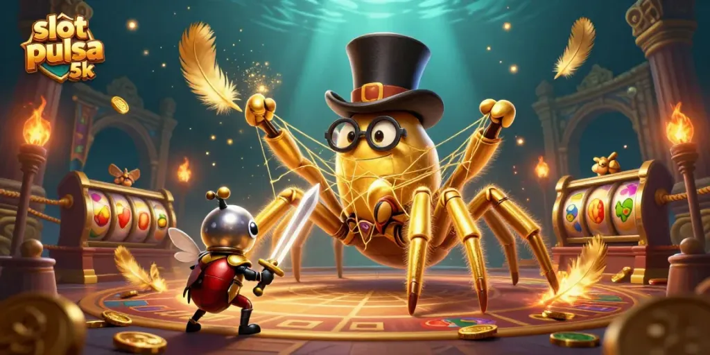 Experience the thrill of slot pulsa 5k with dynamic visuals of a golden tarantula and beetle knight in action.