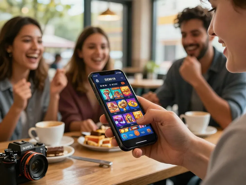 Pengguna dewi19 menikmati permainan slot di ponsel sambil bersenang-senang dengan teman-teman di kafe.