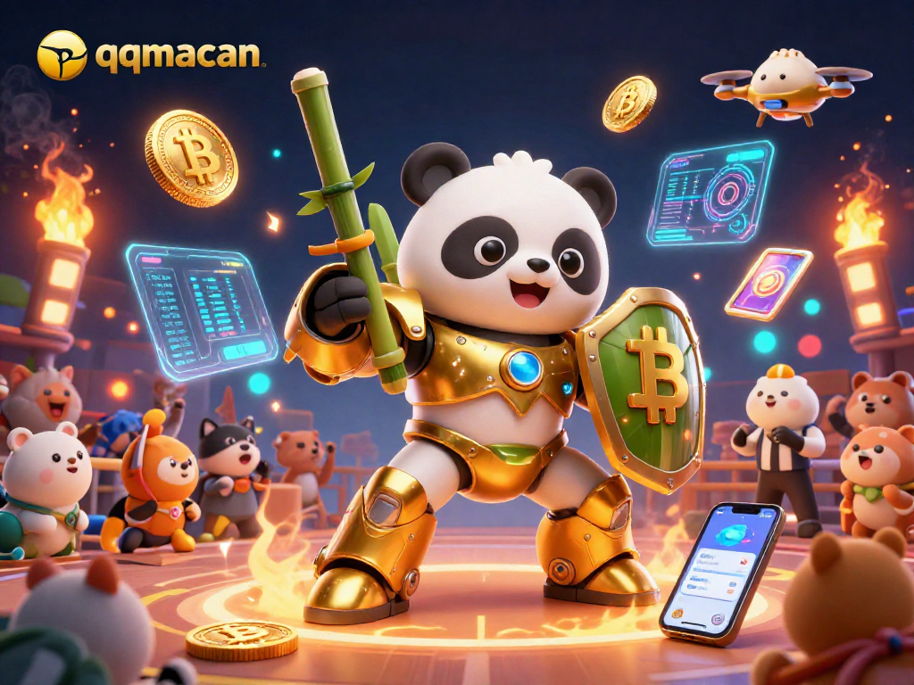 Engage with qqmacan's vibrant 3D casino action showcasing a golden panda battling in a packed arena.
