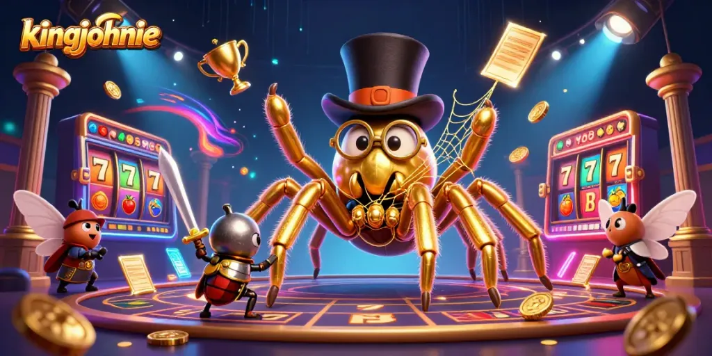 Engage in thrilling slots action at kingjohnnie, featuring a brave knight facing a golden tarantula.