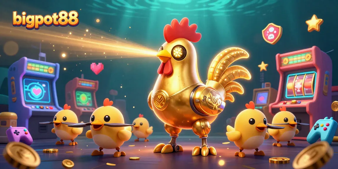 Rasakan keseruan bigpot88 dengan robot ayam emas futuristik dan permainan slot memikat.