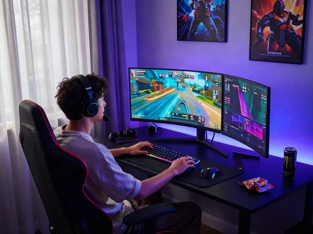 Person enjoying QQMacan gaming experience in a vibrant home setup with modern accessories.