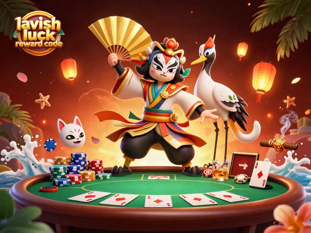 Play and enjoy with the lavish luck reward code in this vibrant casino-themed illustration.