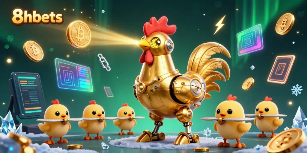 Engage with 8xbets through dynamic online gaming featuring a futuristic golden rooster robot and digital assets.