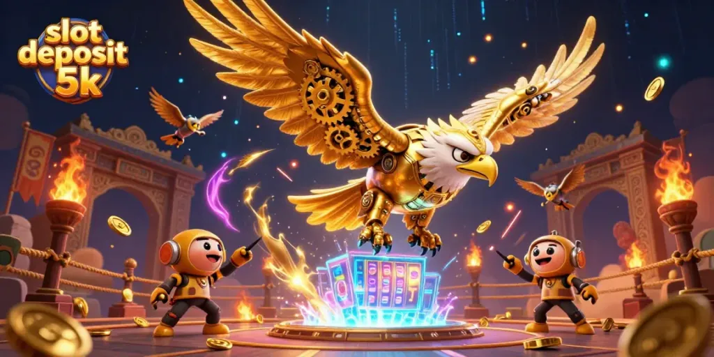 Experience the dynamic world of slot deposits 5k with a thrilling 3D illustration of a golden eagle amidst swirling coins and vibrant casino elements.
