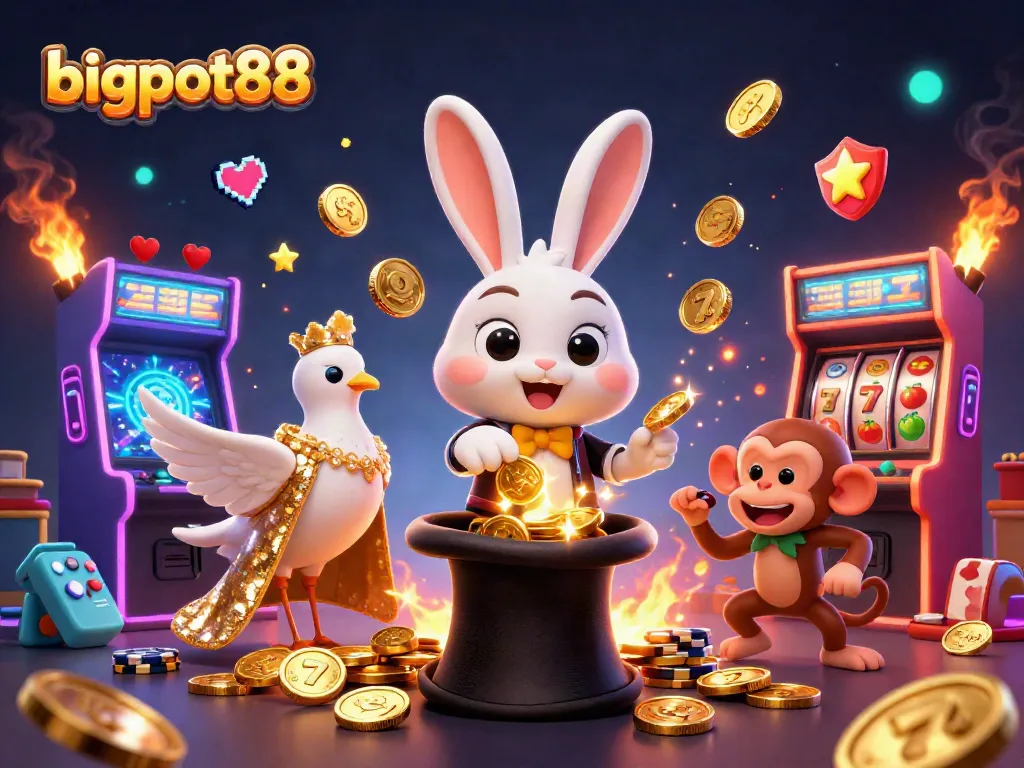 bigpot88 menarik koin emas dari topi sebagai ilustrasi kasino yang memukau