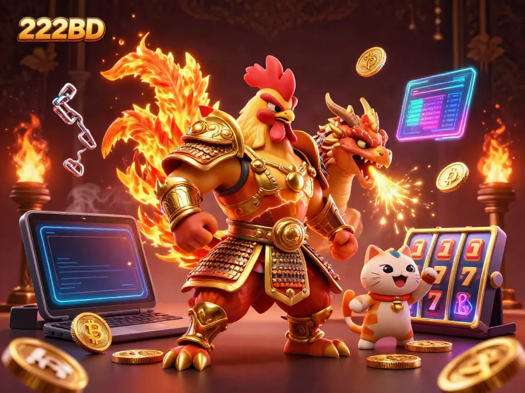 Winning at 222BD with a vibrant illustration of casino characters and digital elements.