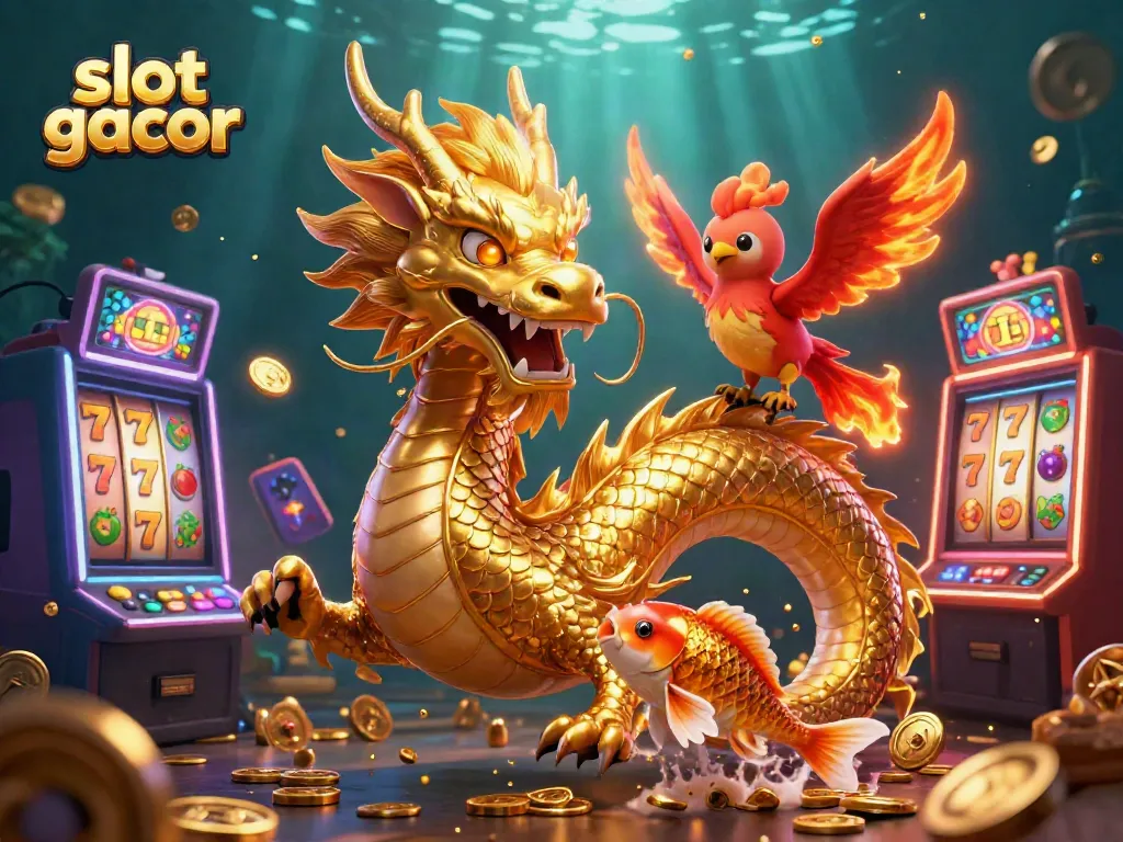 Experience thrilling slot gacor wins with a dynamic dragon and phoenix in this vibrant casino scene.