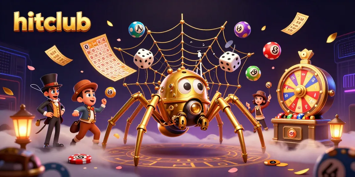 Hitclub illustrates a whimsical steampunk scene with a spider and lively gaming elements.