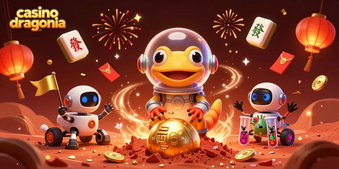 Découvrez l'univers vibrant de casino dragonia avec un gecko martien et des éléments de jeu captivants.