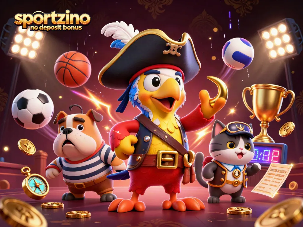 Play and win with the Sportzino no deposit bonus, featuring a vibrant pirate-themed digital illustration.
